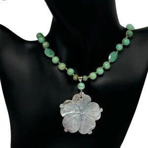 Vintage Beaded Flower Pendant Necklace S925 Silver Green Jade & Mother of Pearl